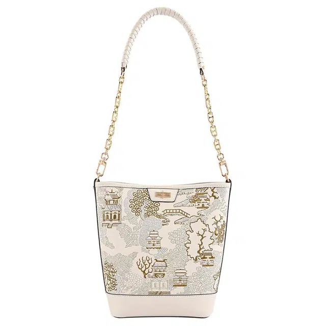 永幸 绣绘江南新中式通勤多功能刺绣 牛皮 水桶包斜挎单肩包 女款 白金色/永幸蓝