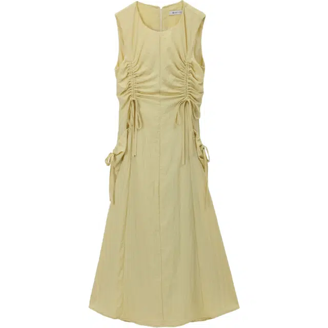 谜秀 抽绳收腰立体口袋纯色圆领韩版高腰无袖连衣裙 女款 黄色