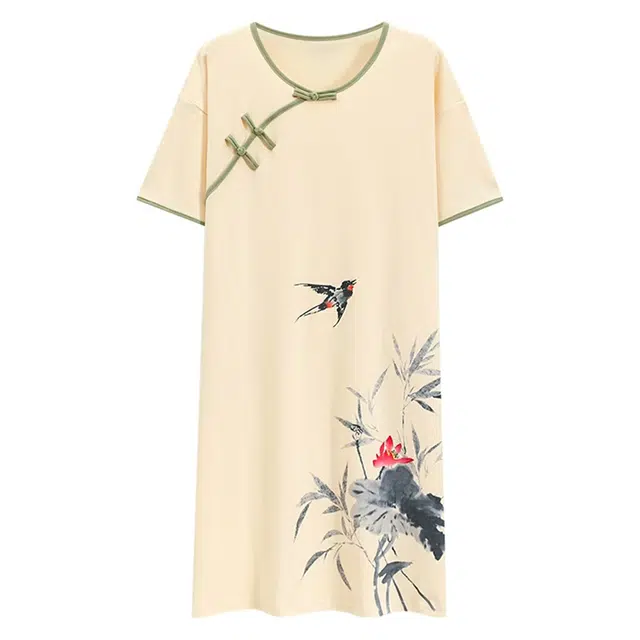 俏韵 圆领中国风短袖简约甜美风中长款家居服可外穿睡裙 女款