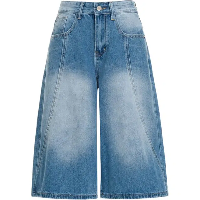 拾籍 美式复古设计感高腰宽松阔腿高街时尚百搭舒适七分裤休闲牛仔短裤 女款