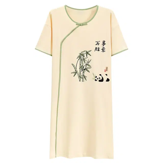 俏韵 圆领夏季熊猫短袖简约甜美国风中长款家居服可外穿睡裙 女款