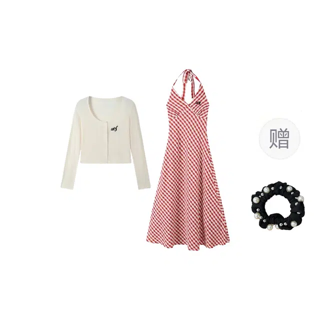 雾闪闪 复古格纹设计感无袖连衣裙简约舒适外套裙装套装 女款