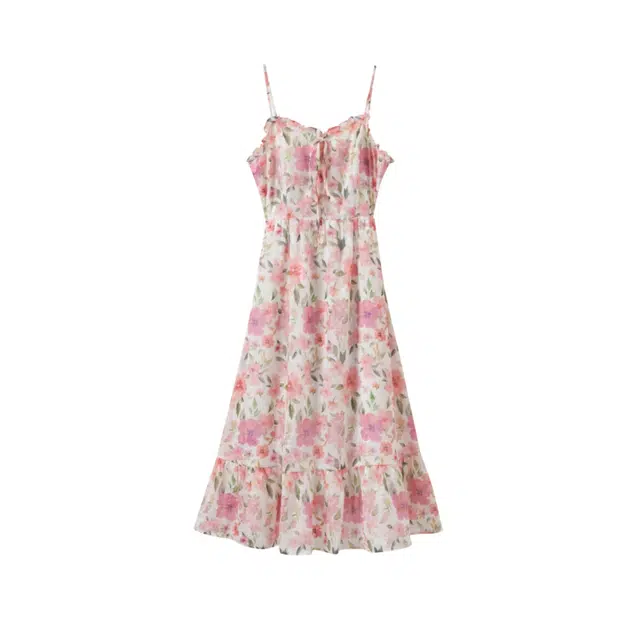 茵曼 碎花图案吊带无袖连衣裙 粉色