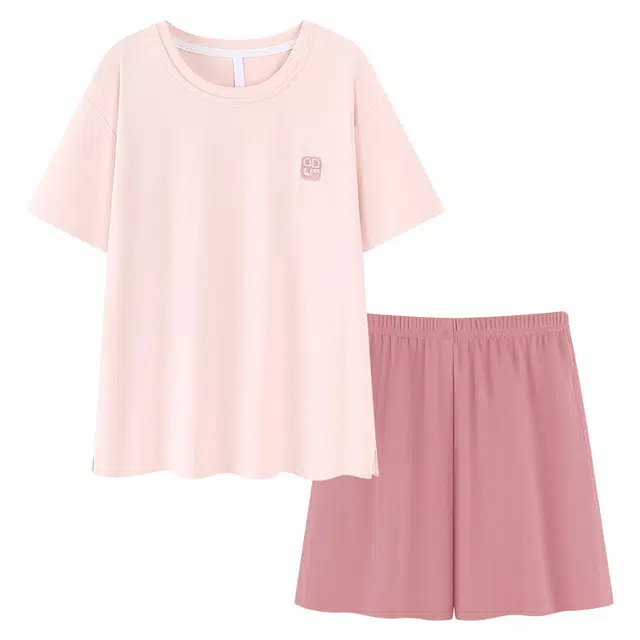 北极绒 纯棉短袖纯色圆领简约睡衣套装 女款