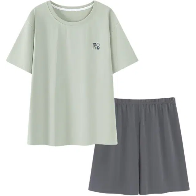北极绒 纯色圆领短袖短裤可外穿家居服睡衣套装 女款