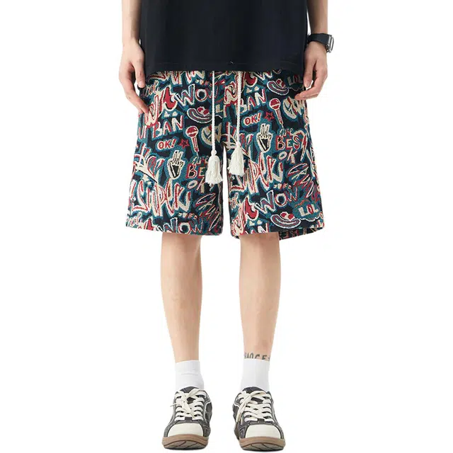 颂希尔 民族风抽绳潮牌街头百搭痞帅沙滩五分裤休闲短裤 男女同款