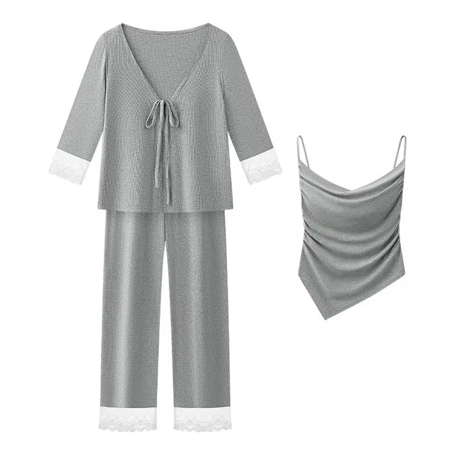 宫蝶 甜美风简约三件套七分袖家居服柔软休闲可外穿带胸垫小清新无袖吊带薄款夏季睡衣套装 女款