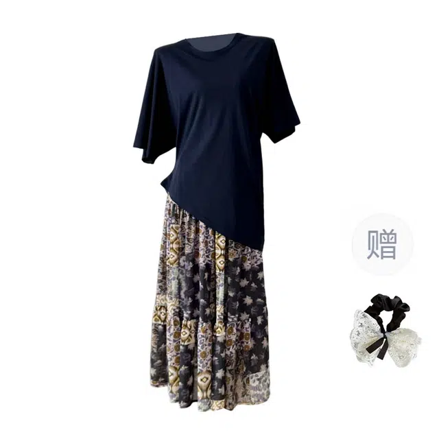 涂诗菲 时尚设计休闲慵懒不规则宽松短袖上衣百搭高腰松紧复古半身裙裙装套装 女款