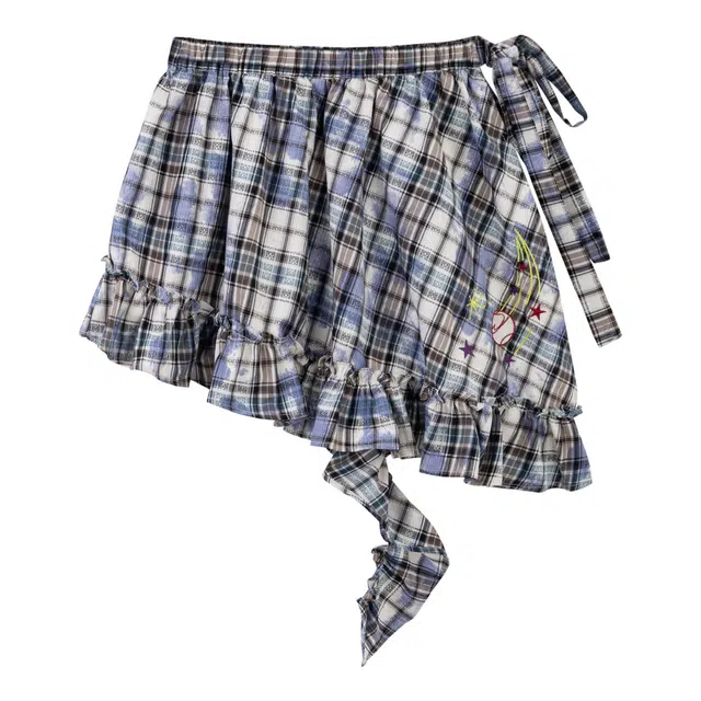 江南先生 双面撞色格子晕染肌理荷叶裙摆屁帘个性复古半身裙时尚百搭休闲短裙 女款