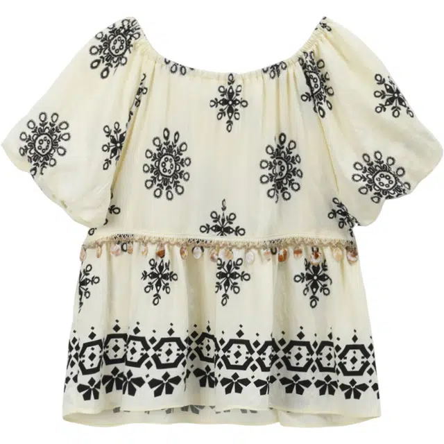 谜秀 印花夏季贝壳碎花泡泡袖短袖方领法式衬衫 女款 杏色