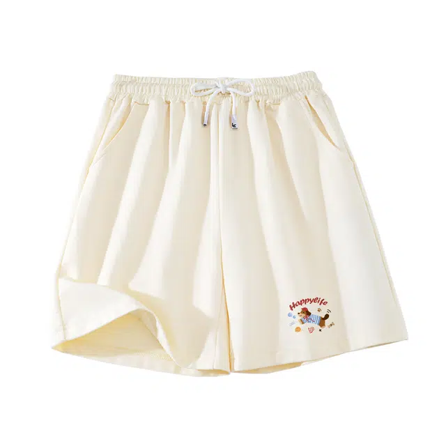 棉致 时尚简约个性小狗涂鸦系带弹性舒适吸湿透气纯棉轻薄宽松基础通勤五分休闲短裤 女款