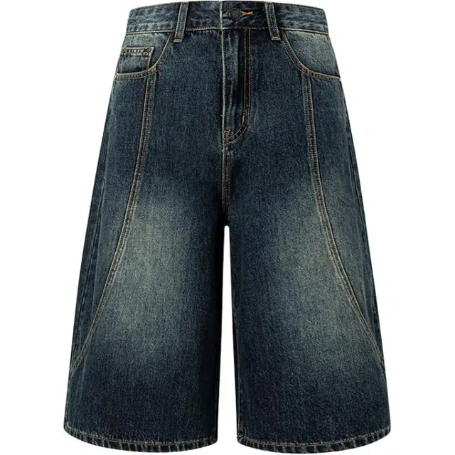 拾籍 复古水洗做旧宽松直筒廓形设计时尚百搭七分牛仔短裤 女款