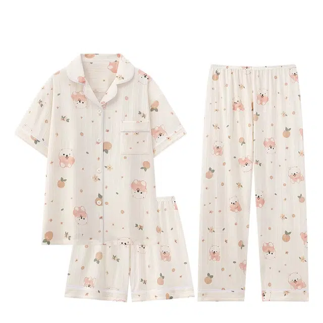 俏韵 翻领卡通可爱短袖三件套夏季薄款纯棉夏天家居服可外穿睡衣套装 女款