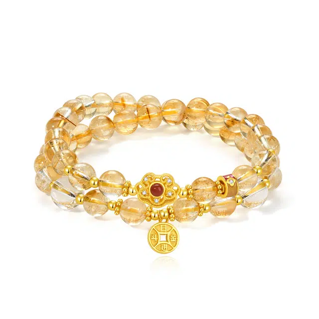 银千惠 新中式吉祥如意财富石转运珠招财金色铜钱双层叠戴可调节手饰国风双色吸金好运小众轻奢平安纳福女友百搭 白水晶 手串 女款