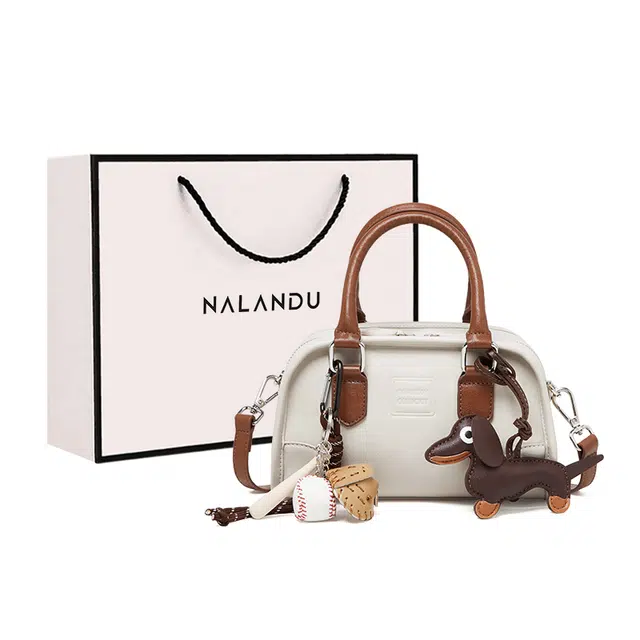 纳兰杜 时尚复古高级质感通勤百搭精致实用 牛皮拼合成革 波士顿包单肩斜挎手提包 小号 女款 植鞣米白色/植鞣咖色