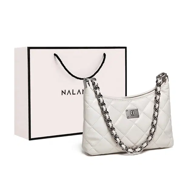 纳兰杜 时尚高级感菱格小众品牌链条气质百搭休闲通勤 牛皮拼合成革 腋下单肩包 女款 米白色/子夜黑