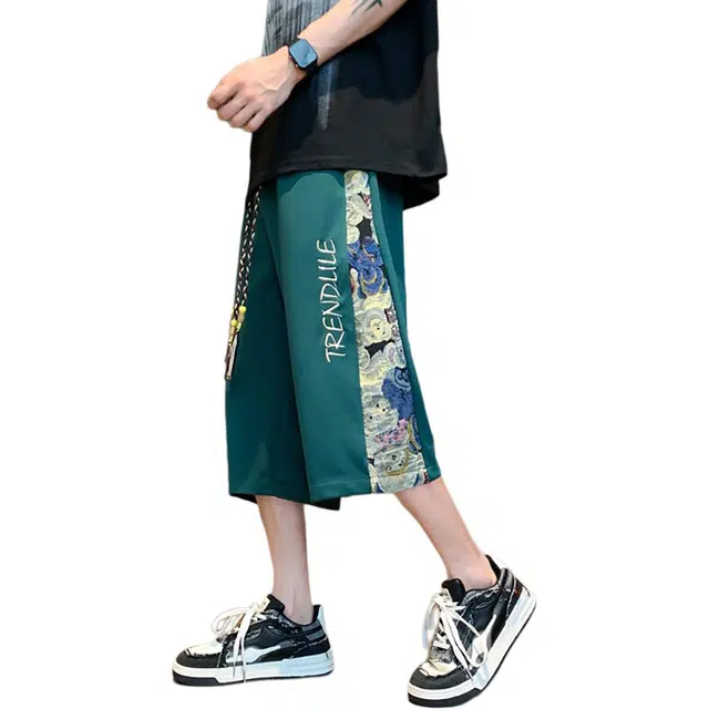 袋鼠 拼接新中式侧边创意直筒百搭垂感清凉透气通勤七分休闲短裤 男女同款