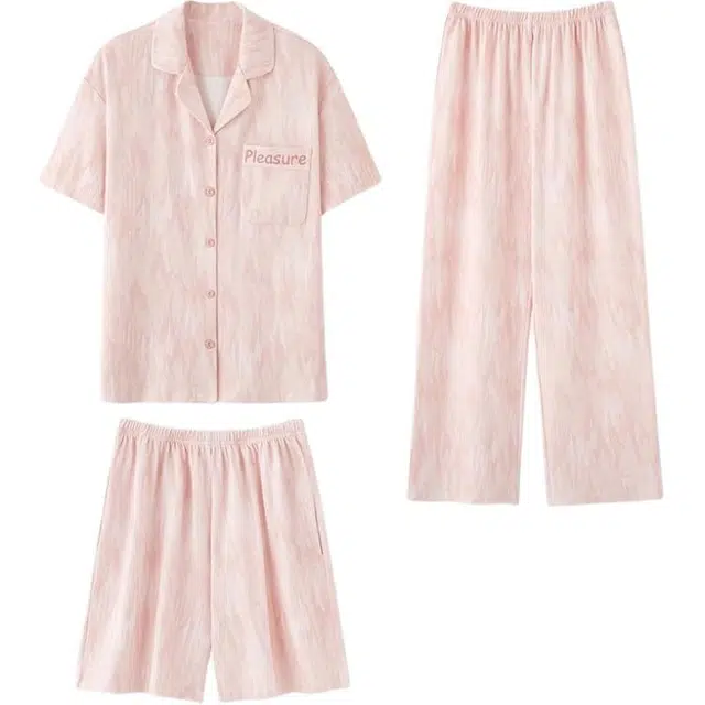 北极绒 纯棉小翻领短袖纯色长裤睡衣套装 女款