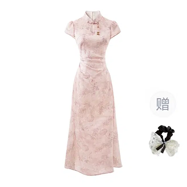 涂诗菲 新中式立领提花锻面收腰舒适百搭短袖连衣裙 女款