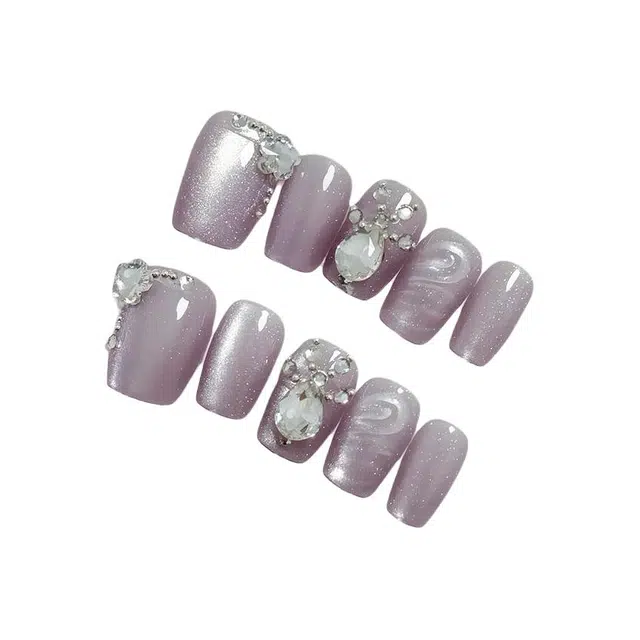 计轩 手工穿戴甲片立体可拆卸美甲片简约猫眼美甲贴片指甲片分码钻款  短款紫色纯色 亮片