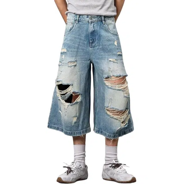 木木兔 美式潮流百搭简约工装高级感痞帅日系复古水洗破洞复古做旧水洗七分裤牛仔短裤 男款