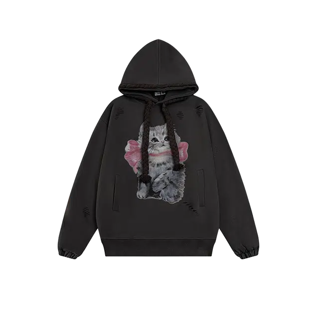 奇迹街区 潮牌美式小猫宽松慵懒风连帽卫衣 男女同款