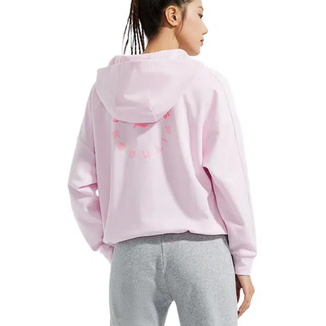 李宁 健身系列 纯色宽松连帽套头卫衣 女款 樱花粉 