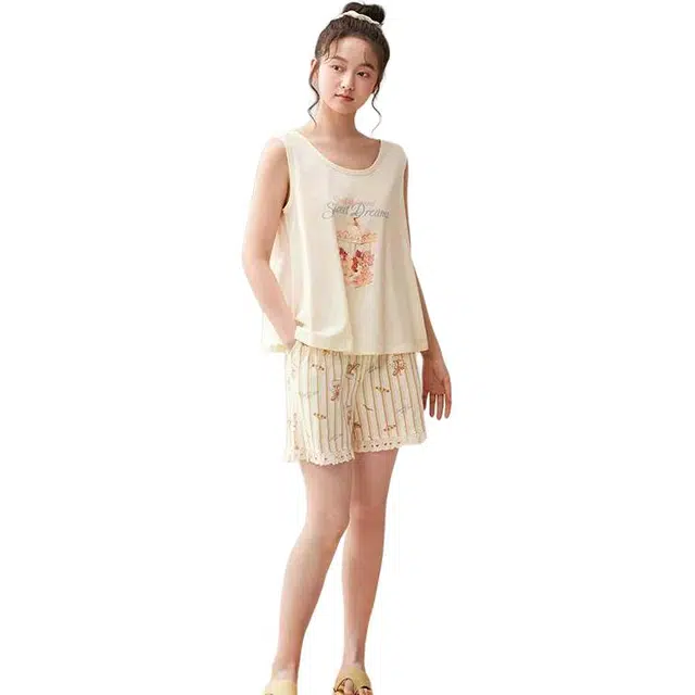 安之伴 纯棉夏季短袖卡通动漫无袖圆领短裤睡衣套装 女款