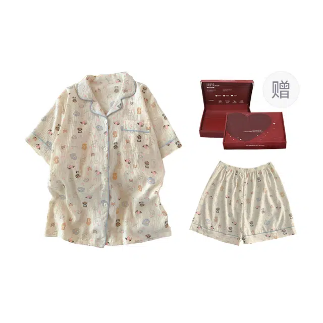 顶瓜瓜 短袖短裤翻领开衫可爱卡通小狗休闲家居服夏季睡衣礼盒 女款