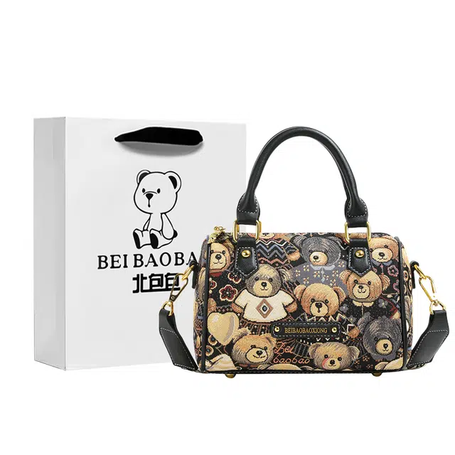 北包包 百搭休闲波士顿包通勤可爱卡通小熊 布 手提包 常规 女款 午夜黑/米杏色