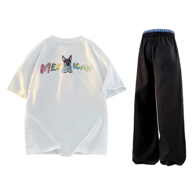 稻草人 美式高街宽松纯棉背面字母品牌动物小狗印花痞帅圆领短袖上衣搭配潮流日常舒适撞色拼接长裤休闲运动套装 男女同款