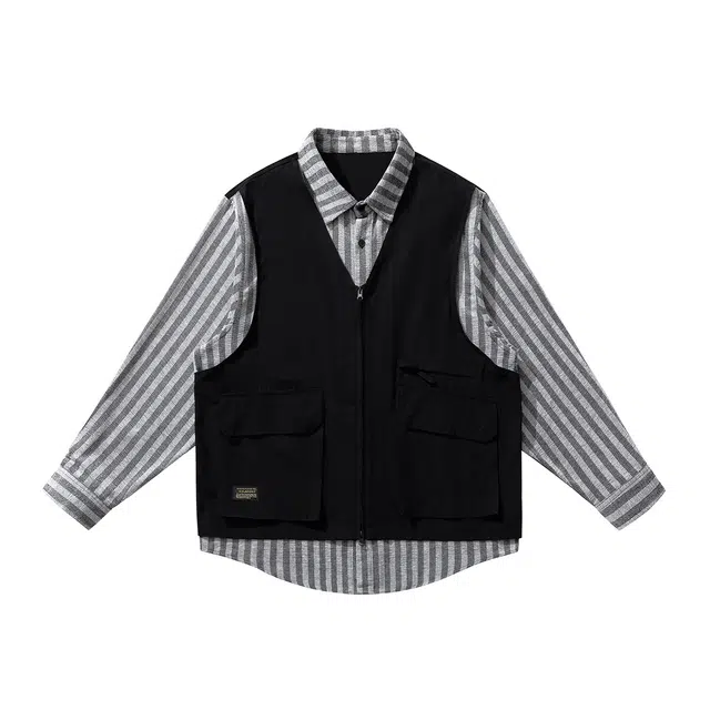 零氏 日系潮流假两件工装条纹设计感翻领宽松舒适百搭时尚运动长袖衬衫 男女同款