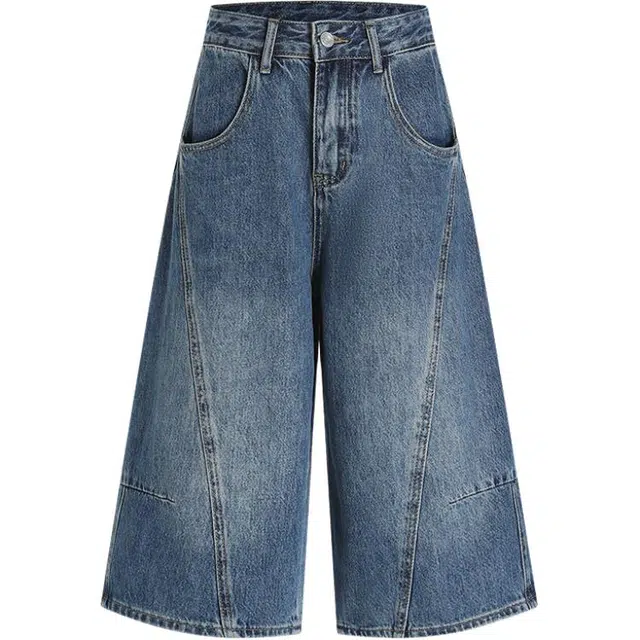 拾籍 夏日出游穿搭复古蓝宽松休闲阔腿裤女时尚辣妹高腰显瘦百搭牛仔短裤 女款