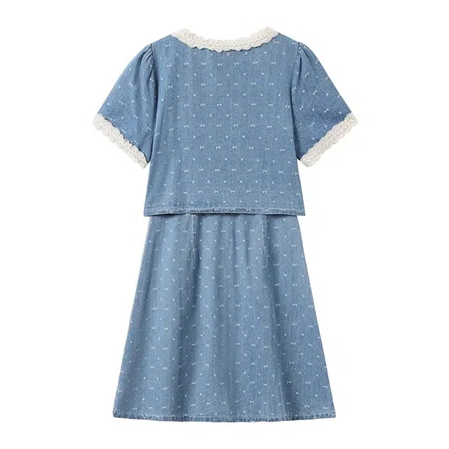 古莲菲 高级感韩系时尚花边拼接牛仔裙夏大码微胖宽松显瘦短袖连衣裙 女款