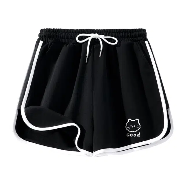 棉致 线条小猫可爱简约纯棉透气系带抽绳包边撞色印花微宽松三分休闲短裤 女款