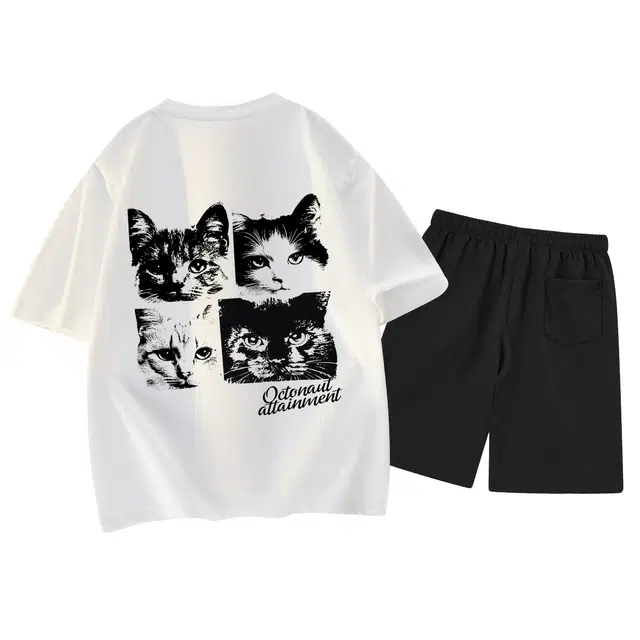 海底小纵队 美式高街国潮手绘小猫后背印花宽松透气街头纯棉重炫圆领落肩短袖上衣垂感百搭抽绳五分裤百搭健身跑步休闲运动套装 男女同款