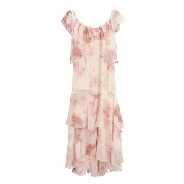 小菊川栗 学院风时尚休闲潮流甜辣穿搭夏季法式碎花一字露肩裙女夏气质荷叶边飘逸度假长裙子连衣裙 女款