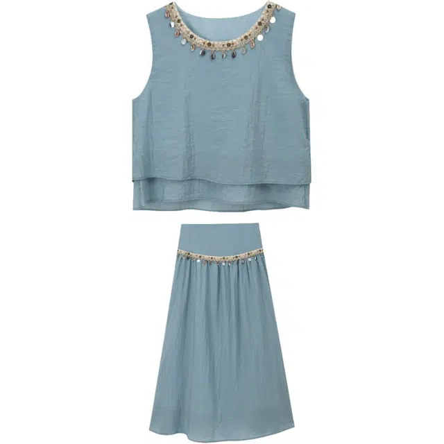 谜秀 流苏织带拼接无袖裙装套装 女款