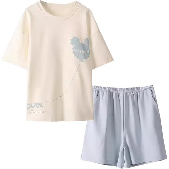 北极绒 可爱纯色圆领短袖短裤可外穿家居服睡衣套装 女款