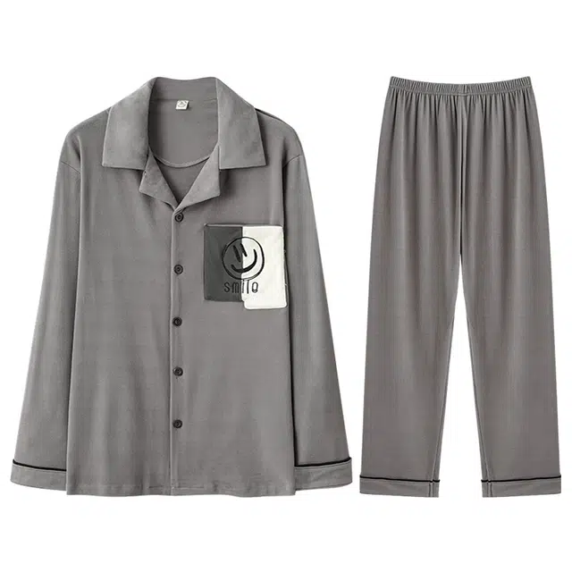 向薇 德绒保暖男士长袖长裤翻领开衫加厚青少年家居服睡衣套装 男款