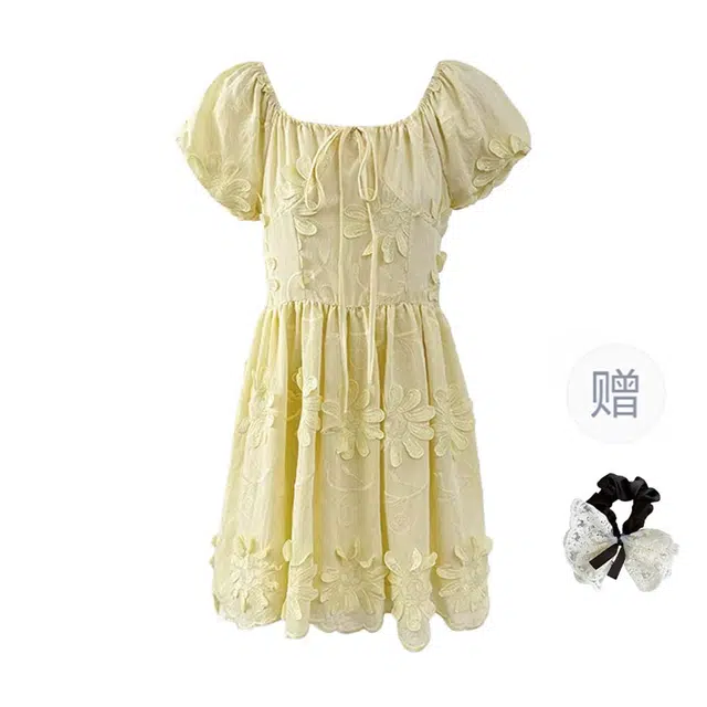 涂诗菲 法式气质温柔风甜美仙气泡泡袖短袖连衣裙 女款