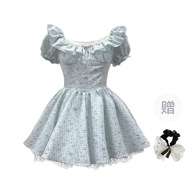 涂诗菲 法式方领飞飞袖碎花氛围感收腰显高显瘦短裙蕾丝拼接短袖连衣裙 女款