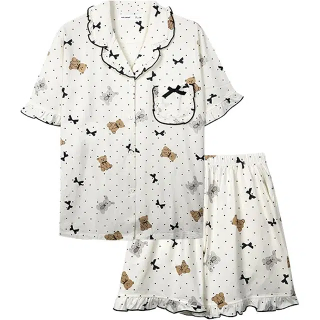 贝妍 凉感短袖开衫家居服甜美可爱小熊睡衣套装 女款