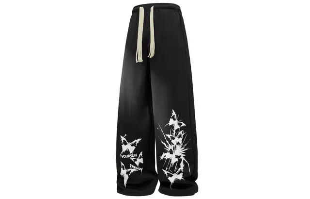 宜而爽 美式复古风创意泼墨蝴蝶图案品牌字母印花运动休闲高街日常基础宽松阔腿直筒显高垂感拖地松紧腰纯色系带篮球针织休闲裤 男女同款