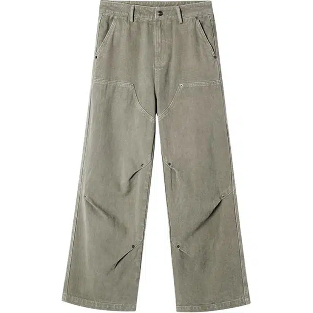 宝米卡 做旧极简直筒长裤铆钉褶皱设计感百搭休闲牛仔裤 男女同款