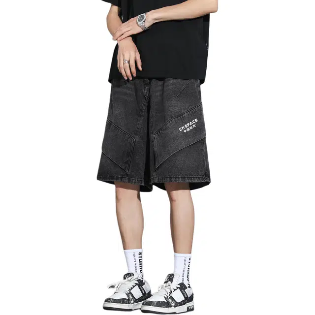 中国航天 休闲百搭美式高街痞帅高级感舒适透气耐磨立体拼接挺括有型宽松夏季牛仔短裤 男女同款