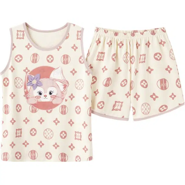 北极绒 纯棉无袖薄款植物花卉圆领短裤睡衣套装 女款