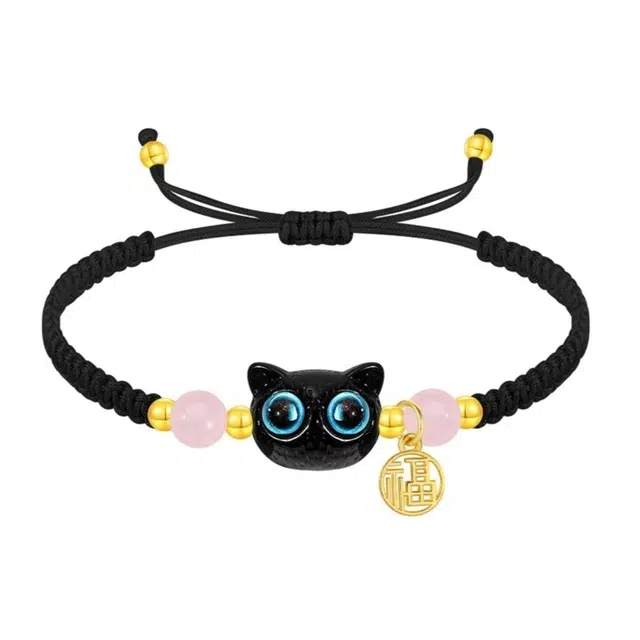 壹金金 小黑猫咪新中式复古简约小众设计高级感 卡通可爱呆萌猫咪大眼猫咪 织物 手绳 男女同款情侣款