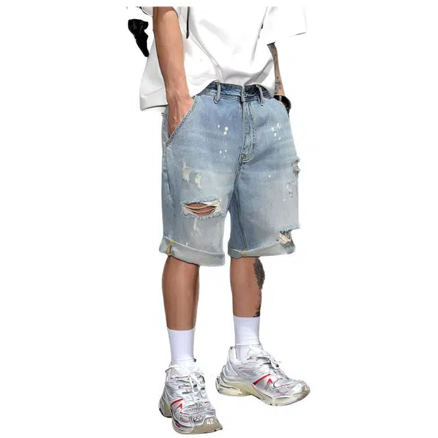 木木兔 休闲美式潮流百搭裤子简约工装宽松直筒五分裤中裤牛仔短裤 男款