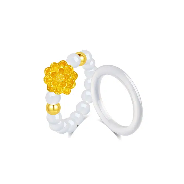 【999金|精选高品质】 金师傅 莲花白月光叠戴戒指 好运莲莲有钱花 万事如意新中式气质清冷百搭优雅 小众轻奢高级#好运 玛瑙 戒指 女款
